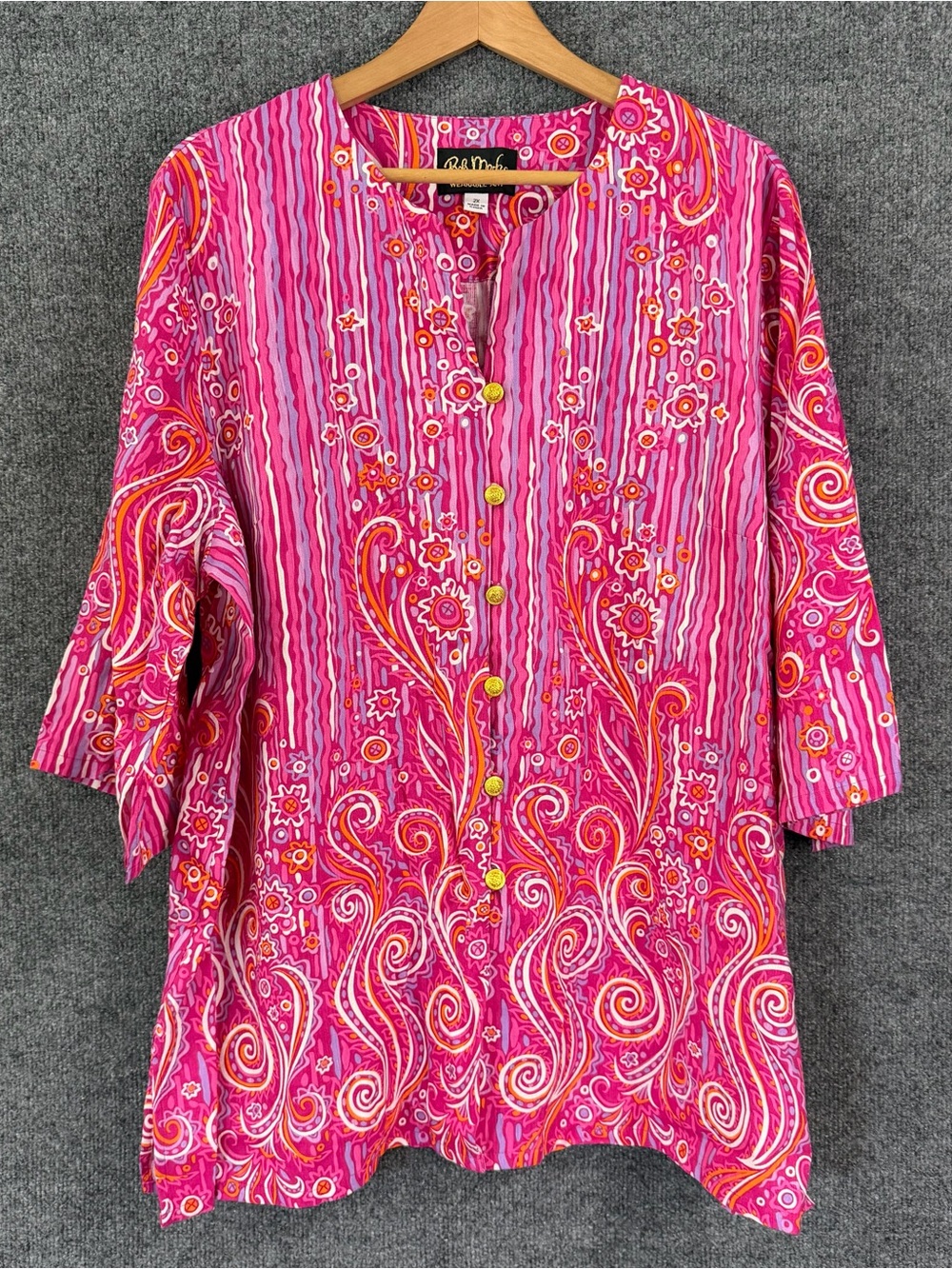 Bob Mackie Womens 2X Button Up Tunic Top Pink Purple Orange 3/4 Sleeve Artsy